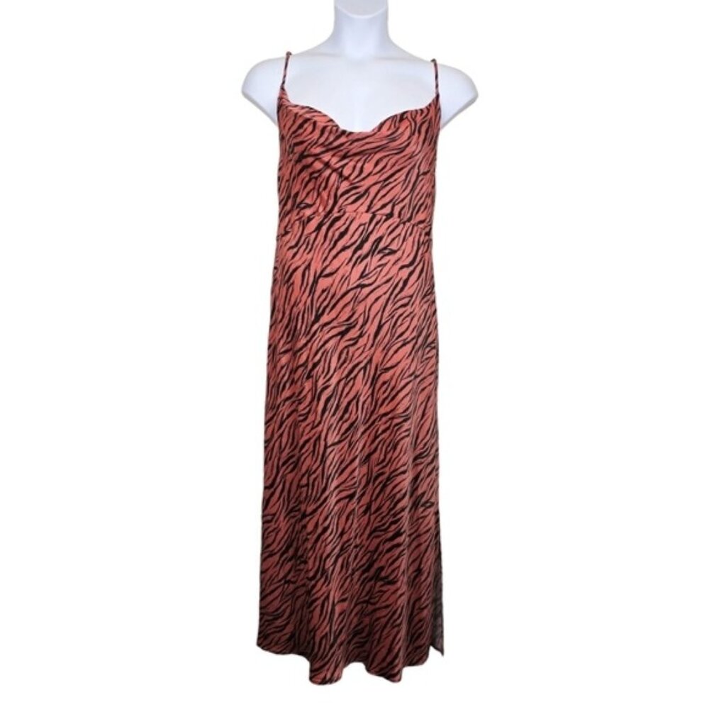 Anthropologie Womens Sleeveless Rust Animal Print Satin Slip Midi Dress Size L
